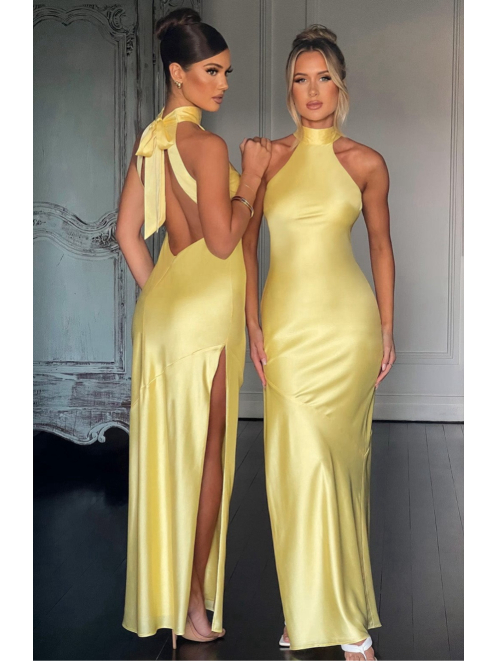 Babyboo Etta Maxi Dress NWT Lemon S Bias Cut Satin Backless Slit High Neck Bow